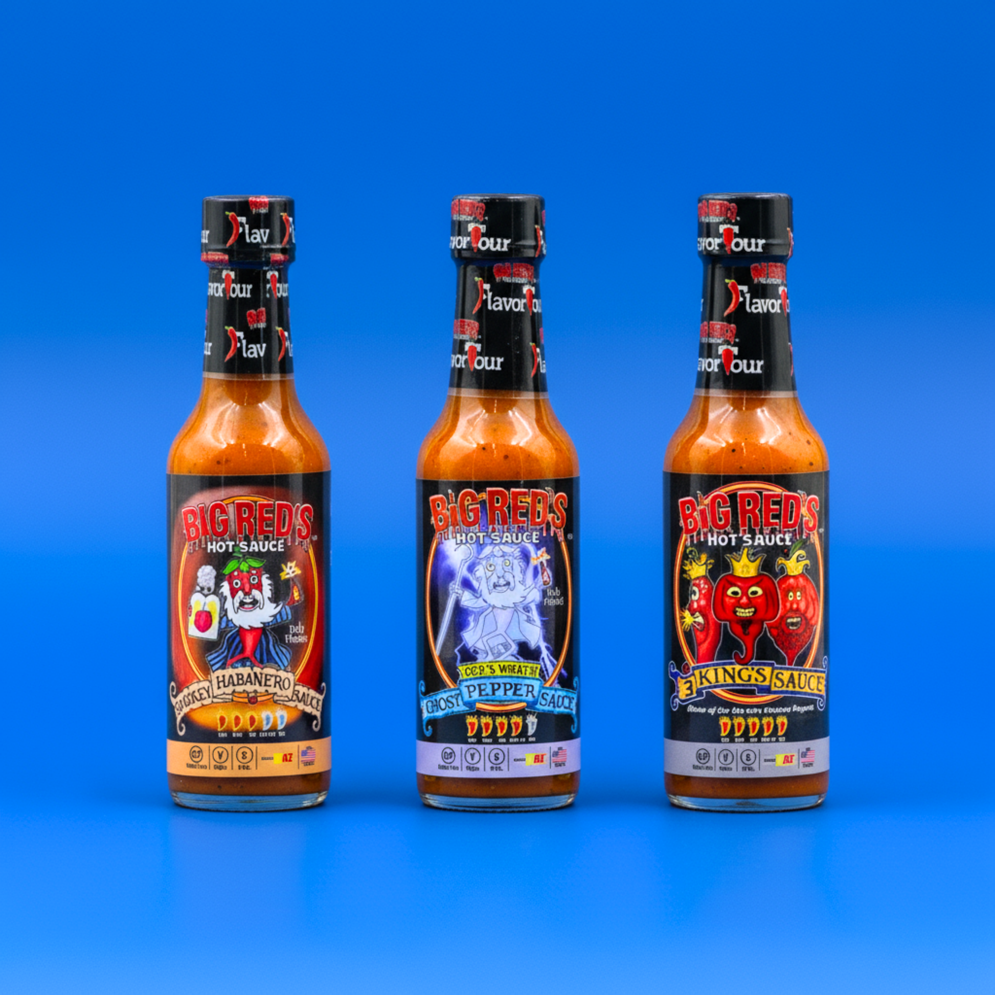 Three bottles of Big Red's hot sauce on a blue background